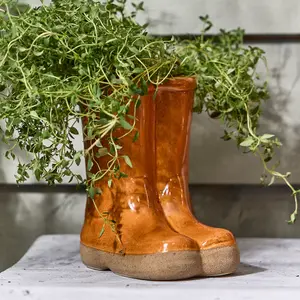 Orange Double Wellington Boots Large Ceramic Planter Indoor Outdoor Flower Pot Garden Planter