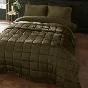 Catherine Lansfield Kingsley Matt Velvet Quilted 220x220 cm Bedspread Olive Green