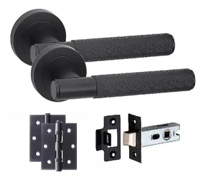 1 Set Linear T-Bar Door Handles with Latch and Hinges Matt Black Finish