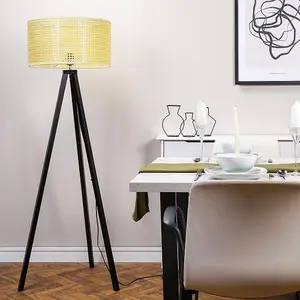 ValueLights Barbro Black Wood Tripod Floor Lamp with Large Wicker Effect Lampshade - Bulb Included