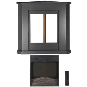 Modern Black Corner Electric Fireplace with Remote Control, Triangle LED Log Fire, and Stylish Mantle