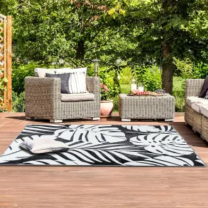 Large Garden Outdoor Rug For Patio, Black & White Tropical Leaf Waterproof Garden Rug 160 x 230cm