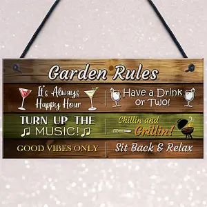 Red Ocean Garden Rules Hanging Wall Sign - Garden Bar Signs For Home Bar - Novelty Garden Decor Shed Plaques