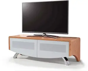 MDA Designs WAVE 1200 Oak with White Glass Hybrid BeamThru Remote-Friendly 32"-60" Flat Screen Tv Cabinet