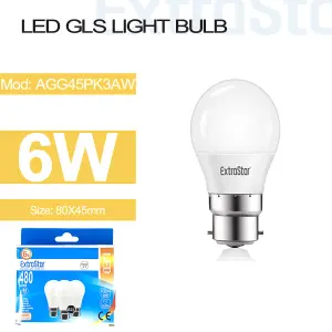 6W LED Ball Bulb B22, 3000K, Pack of 3, Paper Pack