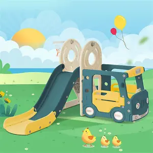 4-in-1 Kids Slide Set including Bus, Slide, Activity Ladder, Basketball Hoop and Matching Basketball