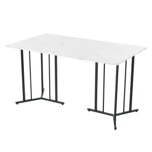 Metal Frame Rectangular Dining Table in Modern Marble Pattern Kitchen Table with Adjustable Feet, White/Black