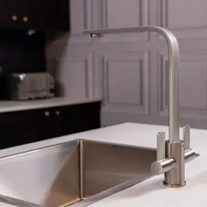 Flode Paddla Dual Lever Kitchen Tap Swan Neck Design Brushed Steel