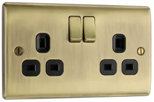 BG Antique Brass Double 13A Switched Socket & Black inserts