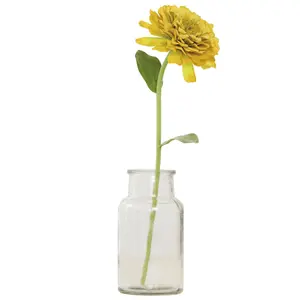 Bloom Artificial Single Green Yellow Zinnia Stem - Faux Fake Silk Flower Indoor Home Decoration Floral Arrangements - L30cm