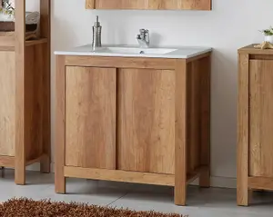 800mm Bathroom Vanity Unit Freestanding 80cm Sink Cabinet + Basin Oak Effect Storage Classic