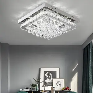 Modern Square Fancy Chrome Crystal LED Flush Mount Ceiling Light Fixture Chandelier 40cm, Dimmable