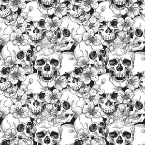 Floral Skulls Wallpaper In Monochrome