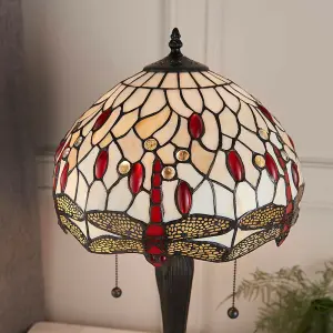 Tiffany Glass Table Lamp Light Dark Bronze & Cream Red Dragonfly Shade i00189