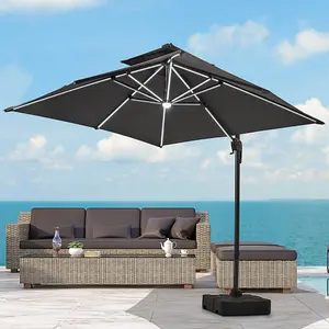 Dark Grey Outdoor Large Square Tilting Canopy LED Cantilever Parasol with Square Base 3M