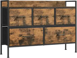 SONGMICS Chest of Drawers for Bedroom, 5 Fabric Drawers with Handles, Storage Organiser Unit, Rustic Brown and Ink Black