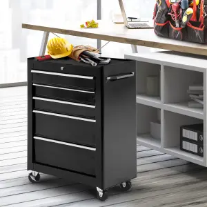 HOMCOM 5-Drawer Lockable Steel Tool Storage Cabinet Wheels Handle 2 Keys Black