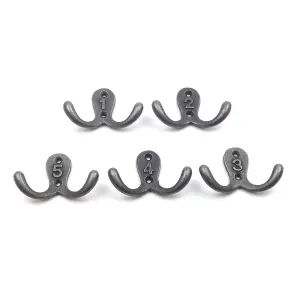 Oakcrafts - Antique Cast Iron Twin Robe Hooks Numbered 1 to 5 - Pack of 5 Hooks