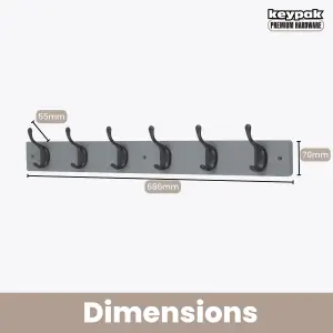 keypak 6 Matte Black Coat Hooks on Grey Wooden Board - 68cm Modern Wall Mounted Coat Rack Clothes Hanger