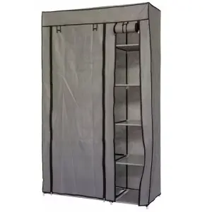 Single Grey Fabric Canvas Wardrobe With Hanging Rail Shelving Clothes Storage