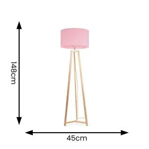 ValueLights Lottie Natural Wood Tripod Floor Lamp with Blush Pink Drum Shade