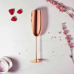 BTFY Rose Gold Champagne Flutes Set, 2 Copper Stainless Steel Prosecco Glasses, 250ml Shatterproof Champagne Tulip Glasses w/ Long