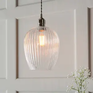 Luminosa Livorno Dome Pendant Ceiling Light Bright Nickel Plate, Clear Ribbed Glass