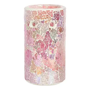 Pink Iridescent Glass Pillar Shaped Oil, Wax Melt Burner. Mirrored Crackle Effect. H14.5 cm