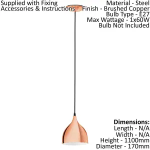 Pendant Ceiling Light Brushed Copper Coloured Steel Rose and Shade Bulb E27 1x60W