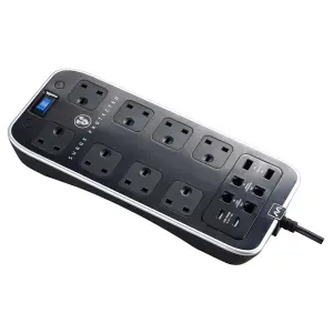 Masterplug Surge Black 8 socket Extension lead with USB, 2m