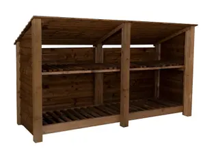 Wooden log store (roof sloping back) with kindling shelf W-227cm, H-126cm, D-88cm - brown finish