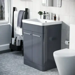 Nes Home Afern 600mm Vanity Unit Cabinet and Wash Basin Steel Grey