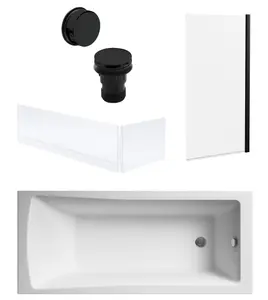 Square Single Ended Bath, Square Black Screen, Panels, Black Waste - 1700x700mm