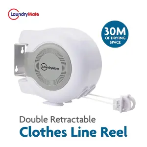 White 30m Retractable Clothes Reel Double Washing Line Wall Mounted Outdoor