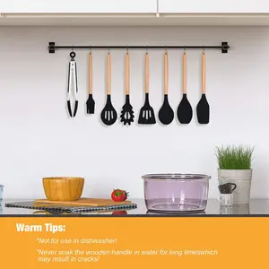 Silicone Cooking Utensils Kitchen Utensil Set, 12 Pieces Natural Wooden Handles Cooking Tool BPA Free Non Toxic Silicone Turner Tongs Spatula Spoon Kitchen Gadgets Utensil Set (Purple) Black