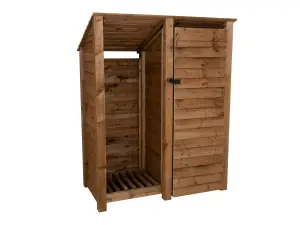 Wooden tool and log store (roof sloping back), garden storage W-146cm, H-180cm, D-88cm - brown finish