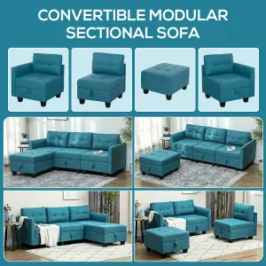 HOMCOM Convertible Modular Sectional Sofa w/ Storage Wood Frame Light Blue