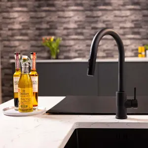 Flode Runda Kitchen Sink Mixer with Pull out Spray Matt Black Square Head