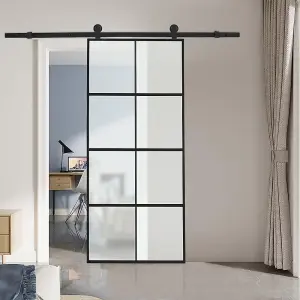 8 Lites Black Heavy Duty Glass Sliding Barn Door Panel Interior Door with 6ft Hardware Kit Roller Track System