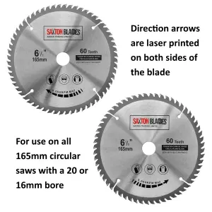 Saxton TCT16560TSK TCT Circular Saw Blade 165mm x 60 teeth x 20mm Bore & 16mm Ring