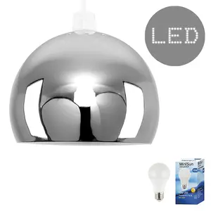 ValueLights Arco Silver Dome Ceiling Pendant Shade and E27 GLS LED 10W Warm White 3000K Bulb