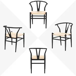 Yaheetech Set of 2 Black Dining Chairs Weave Modern Chair with Y-Shaped Backrest and Metal Frame