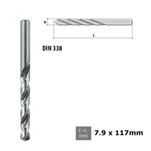 Quality Drill Bit For Metal - Fully Ground HSS DIN 338 Silver - Diameter 7.9mm - Length 117mm