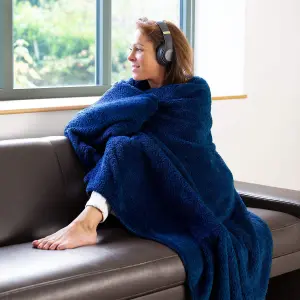 Snug Rug Blanket Luxury Sherpa Fleece Sofa TV Throw Gift Blankets 127x178cm - Navy