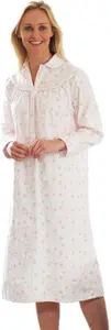 Ladies Long Sleeve Warm Winter 100% Brushed Cotton Winceyette Nightdress Pink Or Blue Floral Pattern On Cream 12-14, 16-18, 20-22, 24-26