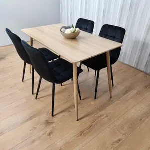 Rectangle Oak Effect Kitchen Dining Table With 4 Black Velvet Tufted Chairs Dining Set