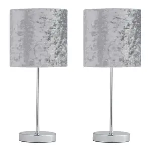 First Choice Lighting Set of 2 Chrome Stick Table Lamps with Grey Crushed Velvet Shades