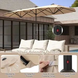 Costway 4M Double Sided Outdoor Umbrella Twin Large Patio Umbrella w/ Lights & Base