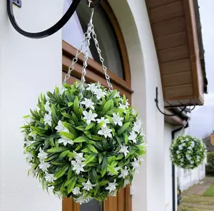 Best Artificial 28cm White Lily Hanging Basket Flower Topiary Ball - Suitable for Outdoor Use - Weather & Fade Resistant