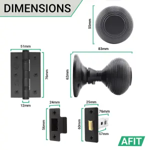 AFIT Beehive Reeded Black Door Knob Set - 3 Pairs Matt Black Mortice Knobs (55mm), Latch (76mm) & Hinges (76mm) for Internal Doors